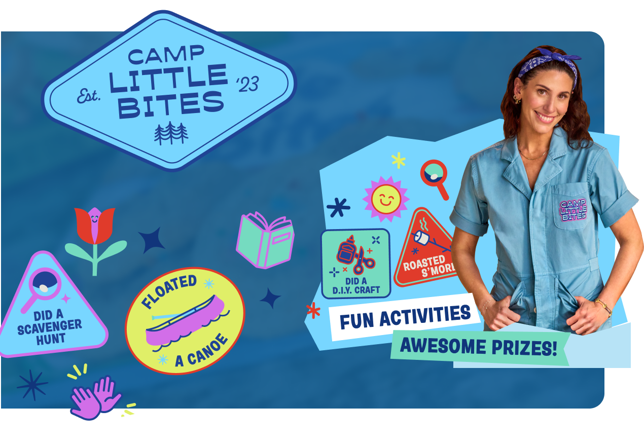 Camp Little Bites campaign artwork with activity badges and Erica Domesek