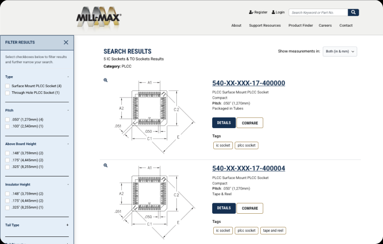 Mill-Max product detail page with component specifications